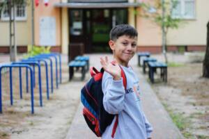 The boy going to school. First day at school.